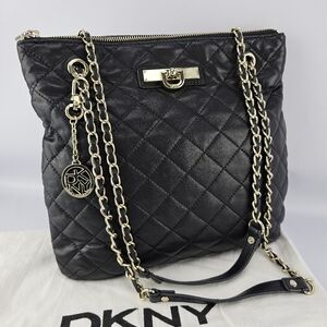 DKNY Quilted Leather Chain Strap Purse Black Convertible